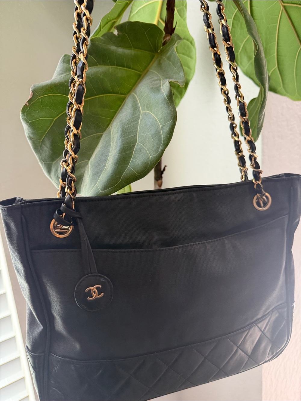 CHANEL Black Leather Quilted-Panel Shoulder Bag w/Gold Chain